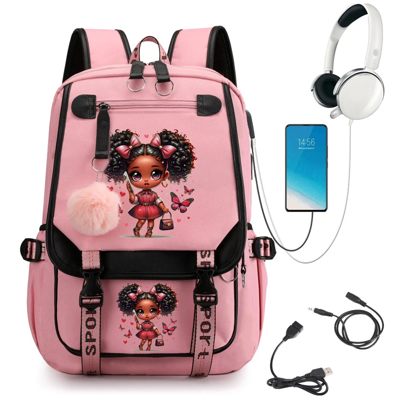 Chibi schwarz Mädchen drucken Mädchen Schule Rucksack Tasche niedlichen Schult aschen für Schüler Teenager Bücher tasche Laptop Rucksack USB-Aufladung Mochila