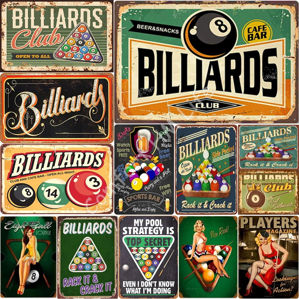 Retro Billiards Club Tin Sign Cafe Bar Beer Snacks Vintage Metal Tin Signs for Cafe Bar Pub Wall Art Decoration Man Cave Sign