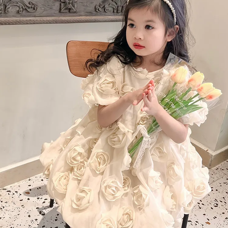 

Korean Children's Clothing Girls 2025 Summer Dress Children's Sweet Three-dimensional Flower Organza Bow Dress