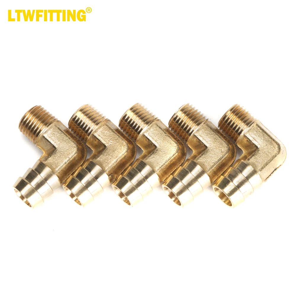 LTWFITTING 90 Degree Elbow Brass Barb Fitting 1/2 ID Hose x 1/4-Inch Male NPT Fuel Boat Water(Pack of 5)