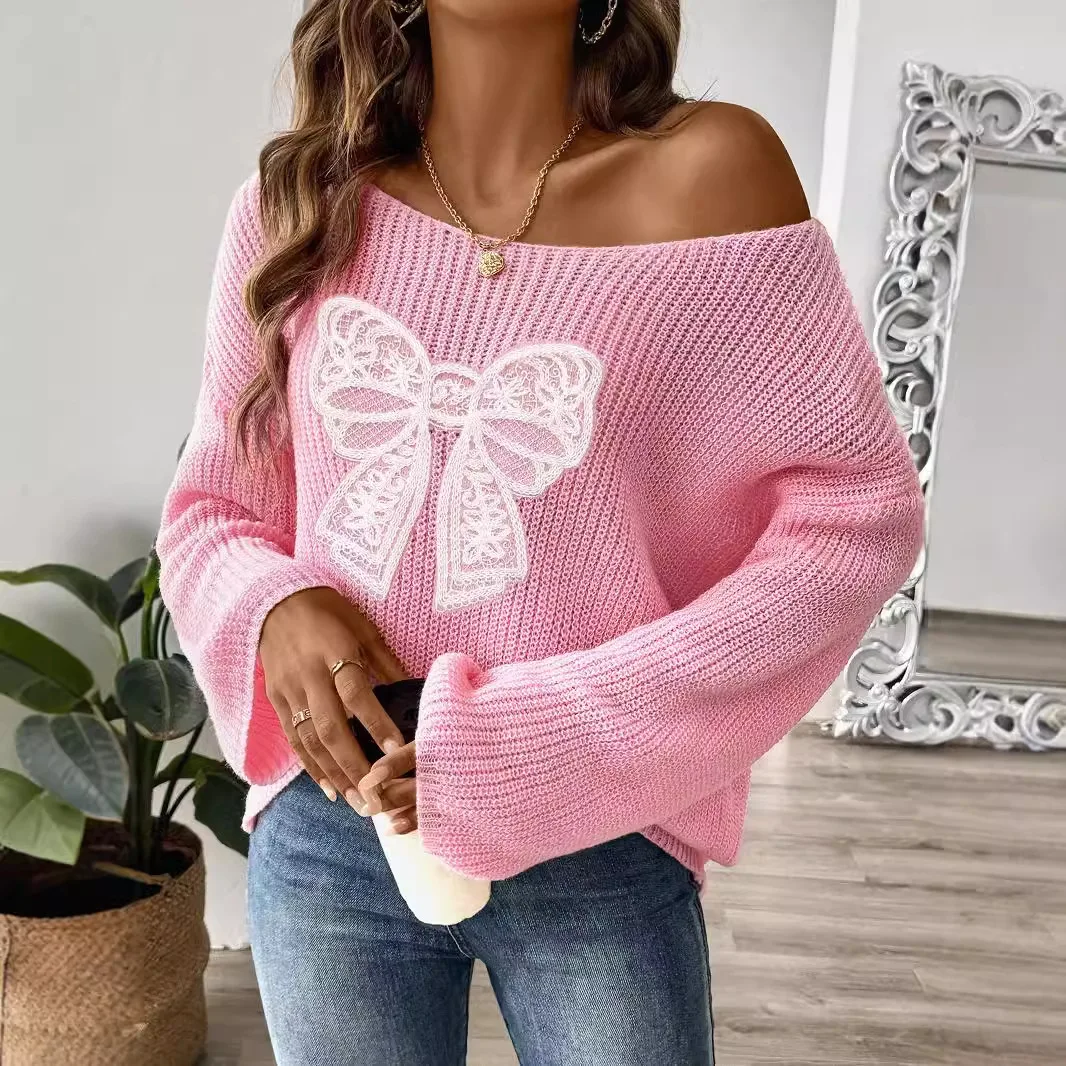 

Bow Embroidered Women Sweaters One Collar Off Shoulder Top Trumpet Sleeve Sweater Fashion Tops 2025