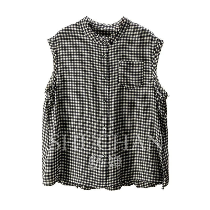 

New Light Luxury Commuter Silk Black and White Grid Sleeveless Vest Shirt Women's 1Y45 Tank Top