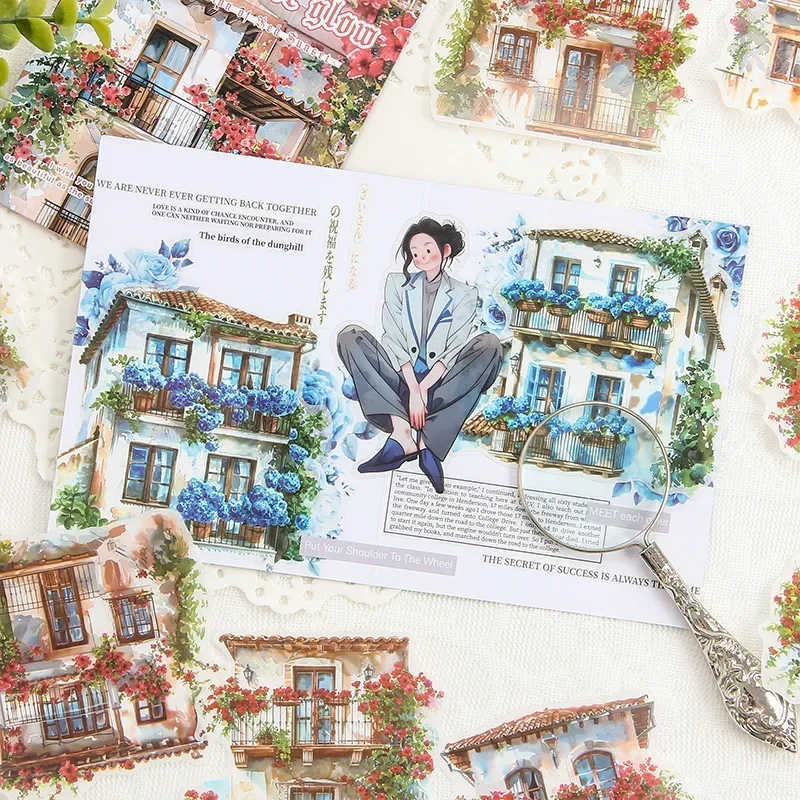 10 Pcs/bag Watercolor Mansion with Plants Flowers Washi Paper Sticker Bag Scrapbook Journaling DIY Decorative Collages