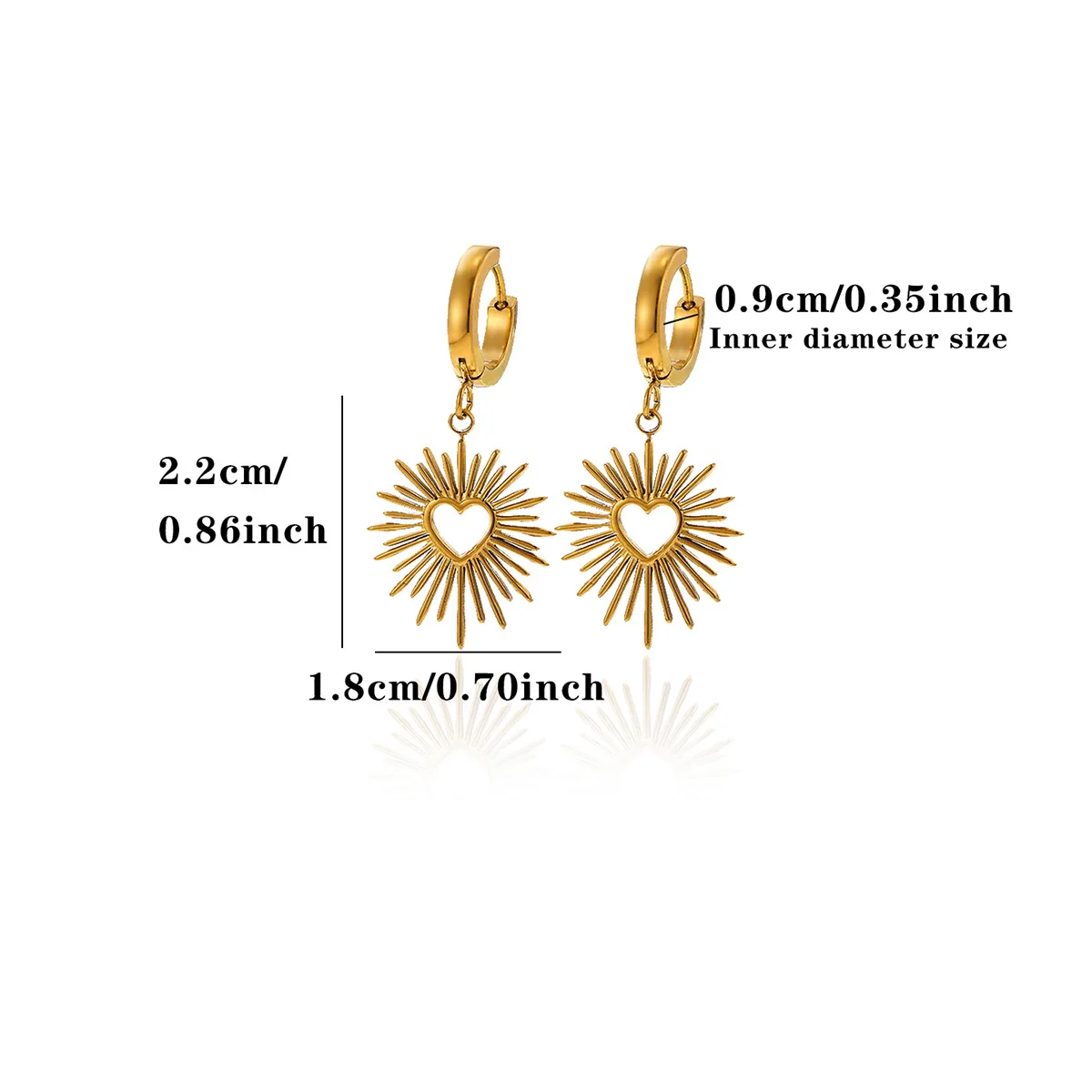 Goldfarbene Edelstahl-Ohrringe mit Sonnenstrahlen-Herz-Design, hohle Sonnen-Ohrringe, Huggie-Creolen, ästhetischer Schmuck, Geschenk für Damen – Detail 8