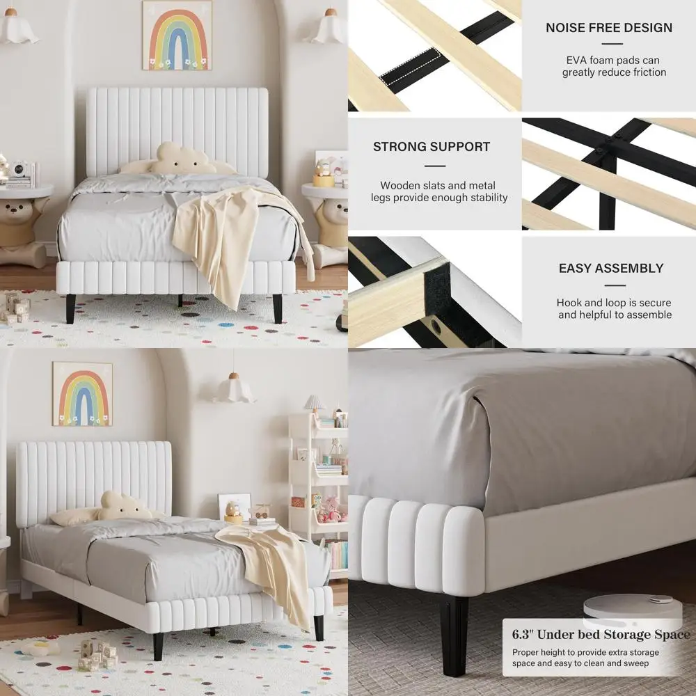 Velvet Platform Bed Frame with Adjustable Tufted Headboard and Footboard, No Box Spring Needed, Easy Assembly, White