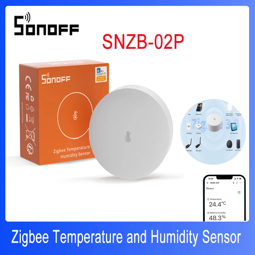 Датчик температуры и влажности SONOFF SNZB-02P Zigbee, Умный домашний термометр, работает с Alexa Google Home