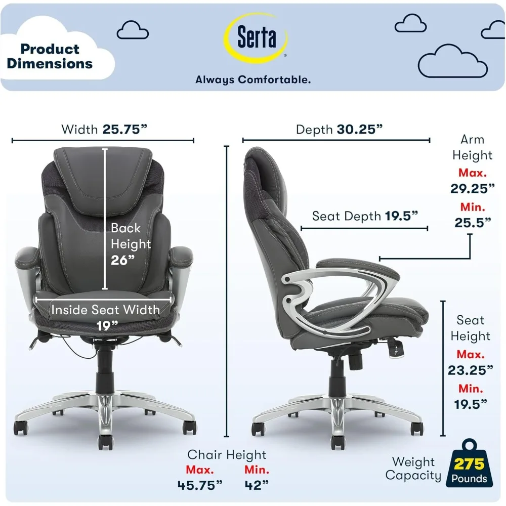 Ergonômico camadas almofadas do corpo para amortecimento, couro colado, cinza cadeira do escritório executivo, computador e Deskchair