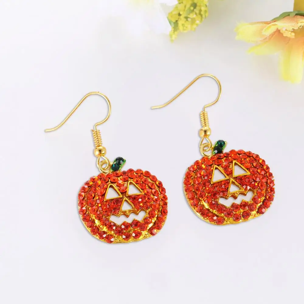 Halloween Earrings Women Cubic Zirconia Inlaid Pumpkin Dangle Hook Earrings Halloween Jewelry Gift