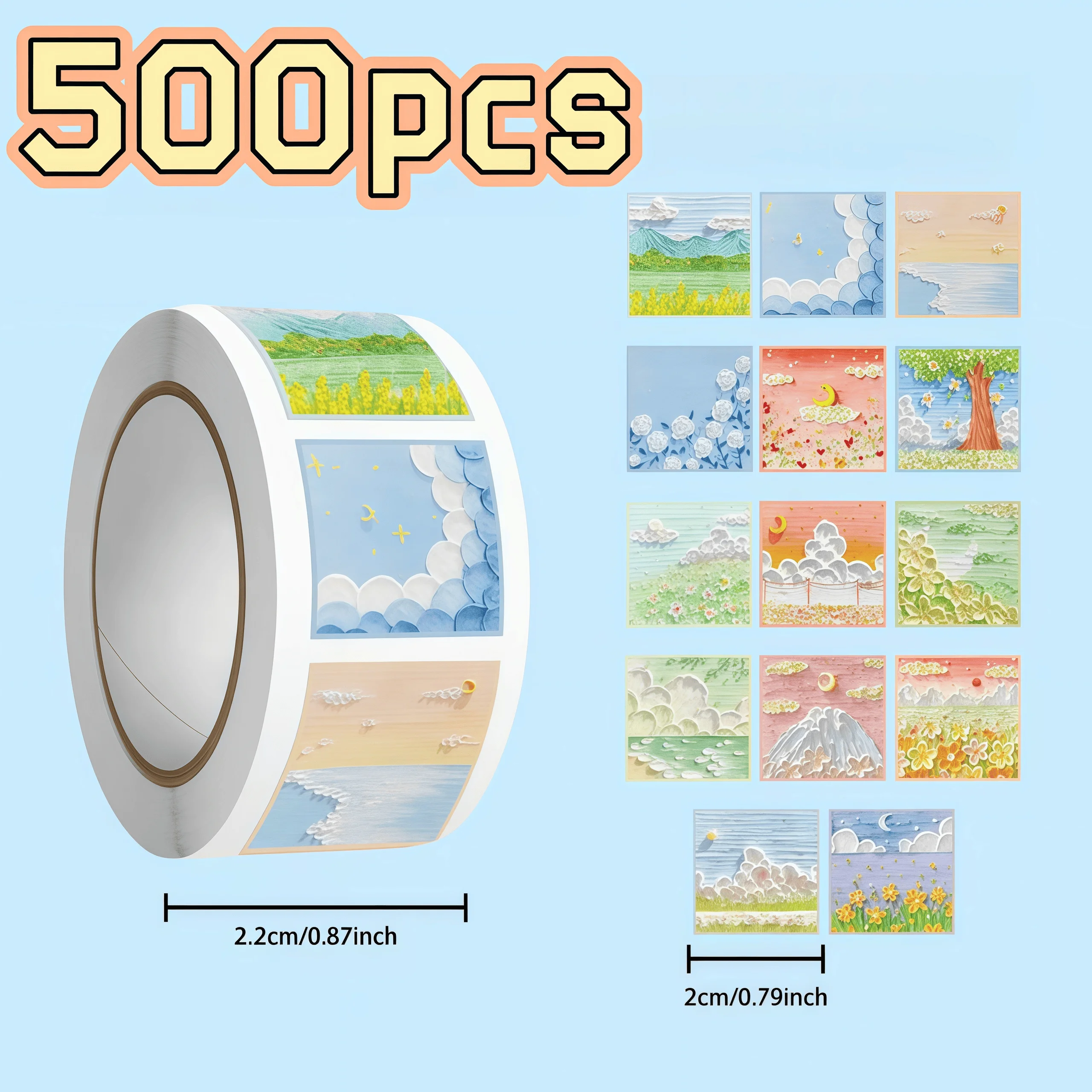 500Pcs Oil Painting Landscape Sticker Roll, Various Scenic Patterns (Fields/Clouds/Flowers) Seal Stickers for Decor, DIY & Gifts