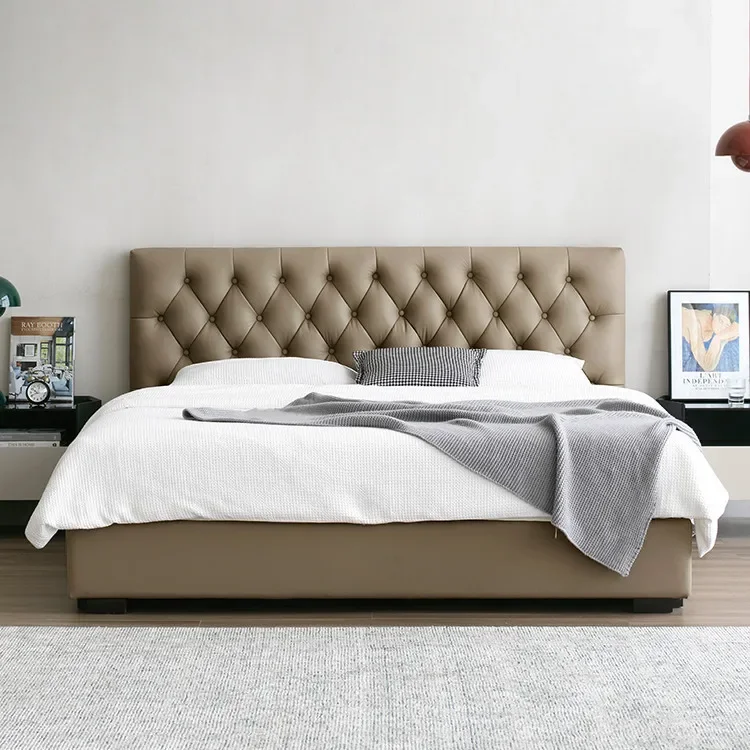 Pull-up leather bed minimalist light luxury retro designer