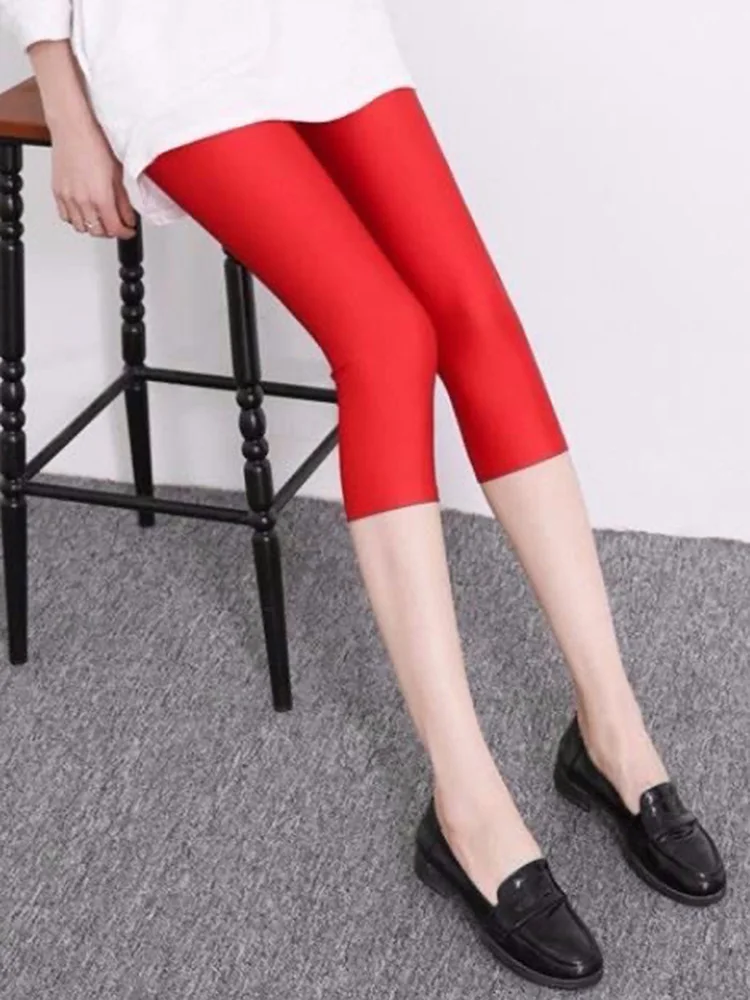 CUHAKCI 2022 New Summer Shiny Leggings Fluorescent Color Women Leggins Spandex Pants High Elastic Fitness Capris DropShipping