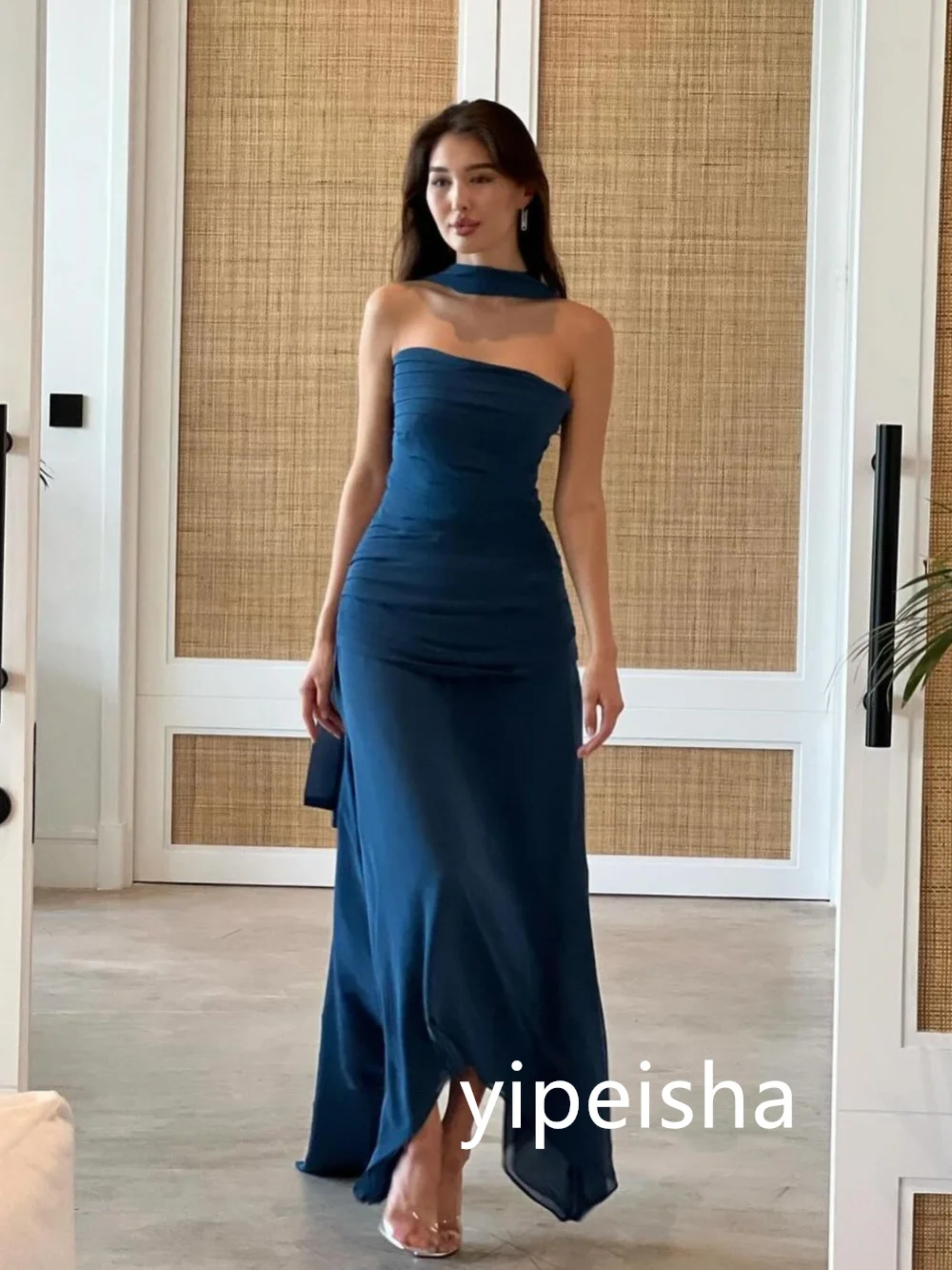 Customized High Quality Jersey Pleat A-line Strapless Long Dresses Cocktail  Exquisite Sparkle Pastrol Modern Style Classic