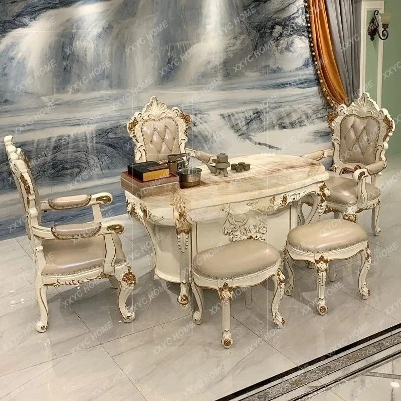AA solid wood carving flower marble tea table business and leisure integrated table