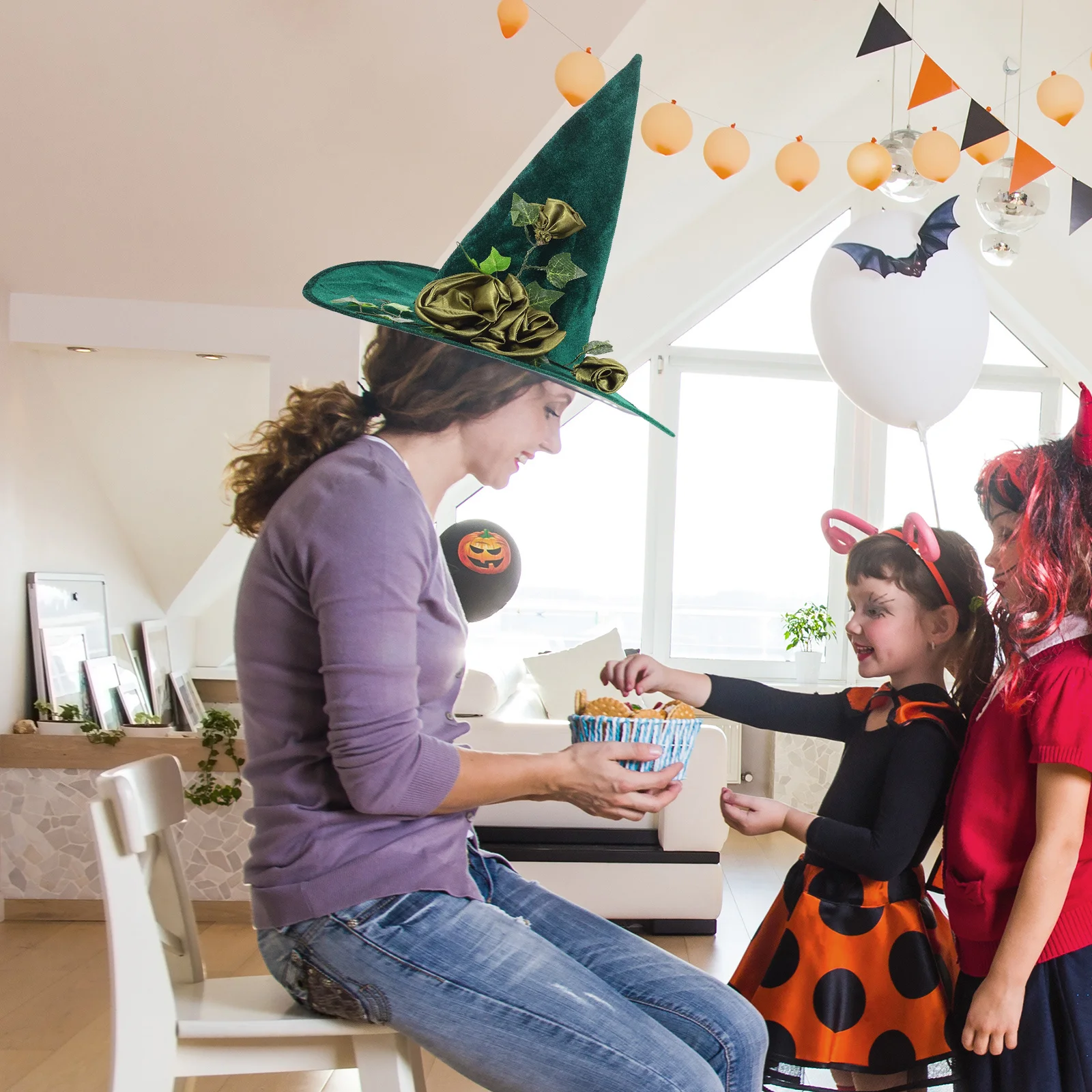 Decorative Witch Hat Elegant Size Suitable for Kids Adults Halloween Party Cosplay Flower Design Lightweight Comfortable Witch