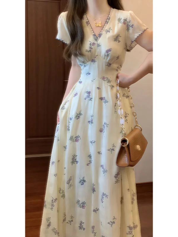 

Sweet V-ne Waist-cinched Floral Print Long Dr Unique Sle Summer Faion Gentle Sle Women's Dr ort Sve A-line...