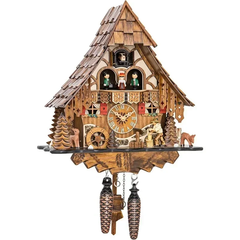 Quartz Cuckoo Clock Black Forest House with Moving Wood Chopper and Mill Wheel, with Music Wall Clock Dining Room Decor