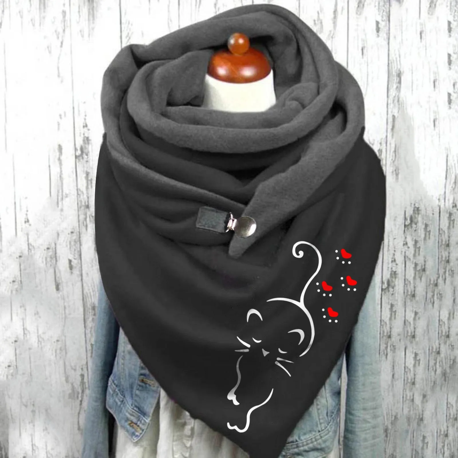 Fashion Winter Scarf For Women Cat Printing Button Soft Wrap Casual Warm Scarves Shawls Retro Female Shawl For Women 2024