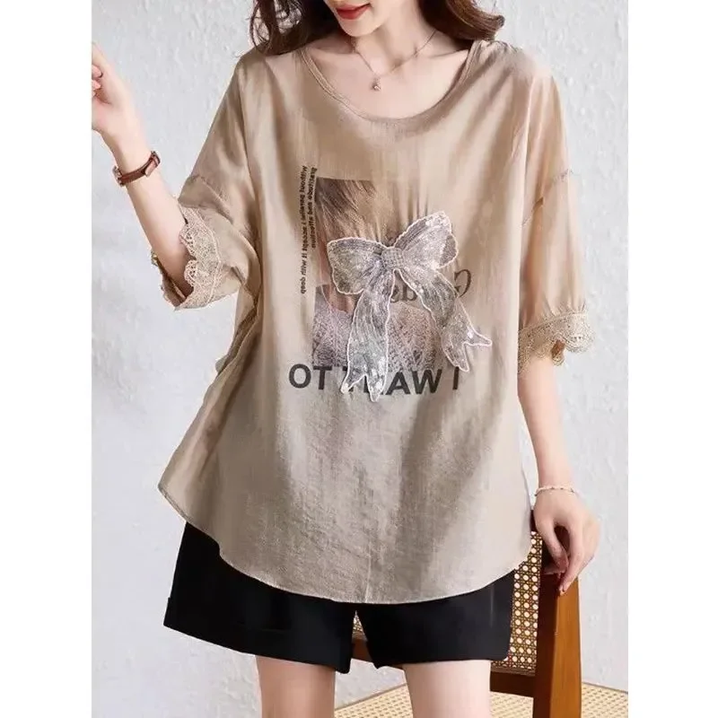 

Women Loose Cotton Blend T Shirt with Bow Print and Lace Trim Half Sleeve Casual Summer Top for Beach Daily Wear