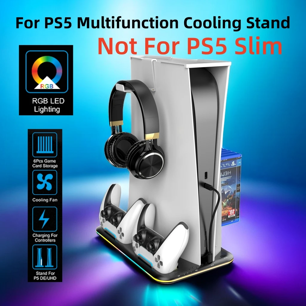 Cooling Station With RGB Light Stand With Cooling Fan For PS5 Disc and Digital Edition, Dual Controllers Charger Station For Pla