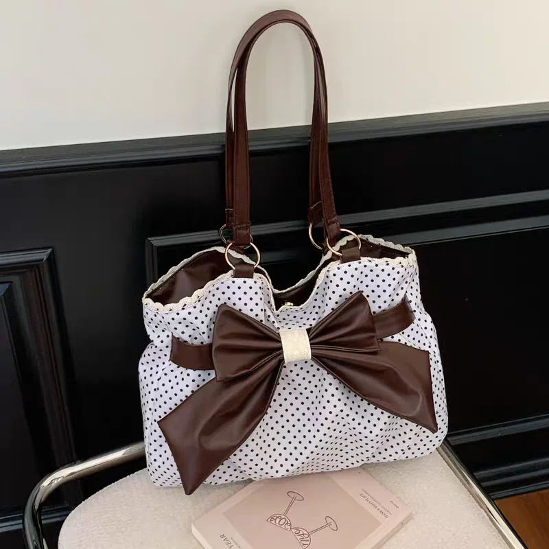 

Vintage Y2k Polka Dot Bow Shoulder Bag Japanese Sweet Underarm Bag Stylish Cute Handbag Casual Versatile Plush Tote Bag 2026New