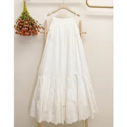 Summer Mori Girl Cotton Linen Eyelet Embroidery Lace Midi Dress Vintage Victorian Sweet Spaghetti Strap Loose White Sundress