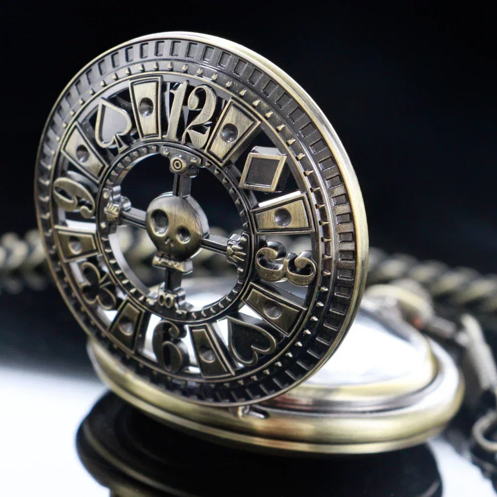 

NEW Vintage Punk Men Mechanical Pocket Watch Hollow Poker Pattern Half Hunter Bronze Pocket Chain Pocket Clock Gift