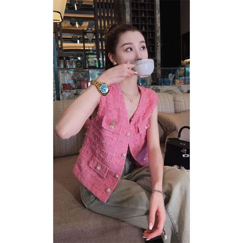 

Spring Women's New Korean Solid Color Cardigan Vest, Female Age Reducing Fashion Socialite Small Fragrance Style Pink Vest XQ261