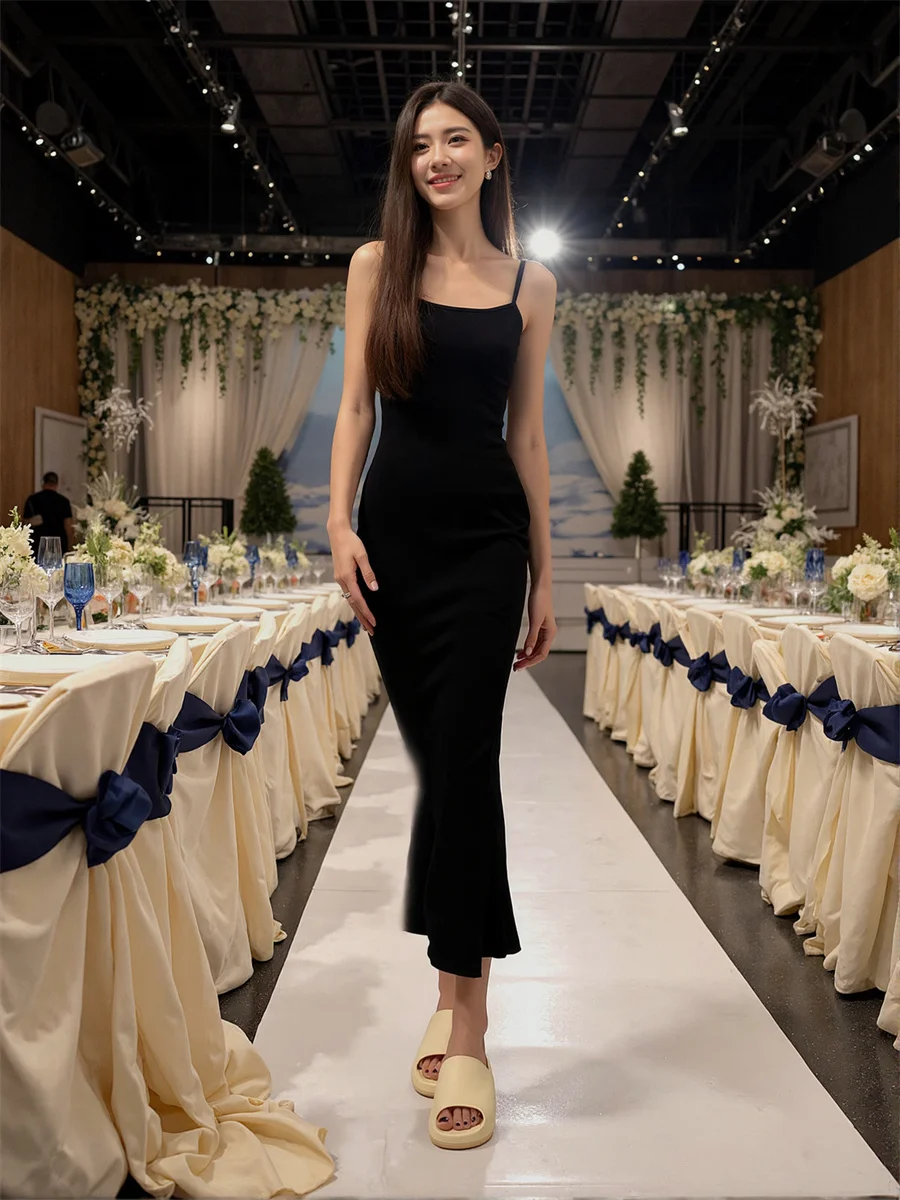 Women'S Elegant Chic Woman Evening Dress Black Slim Summer Bodycon Tight-Fitting Sheath Pencil Column Fitted Slims Hugging