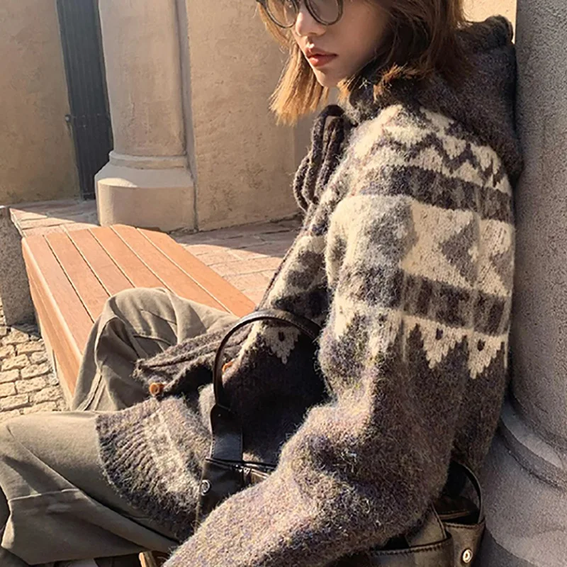 Jersey para niña, cárdigan de punto con botones de cuerno Retro, suéter de Jacquard Fair Island, chaqueta, prendas de punto de estilo Preppy para mujer, Otoño Invierno