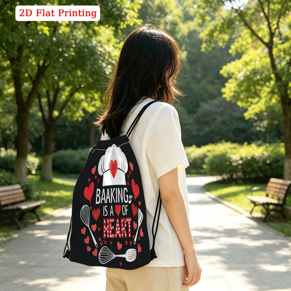 Cute 2D Flat Printing Drawstring Backpack, Baking Is A Of Heart Chef Pattern, Gym Sports Bag, Outdoor Travel Cinch Sack