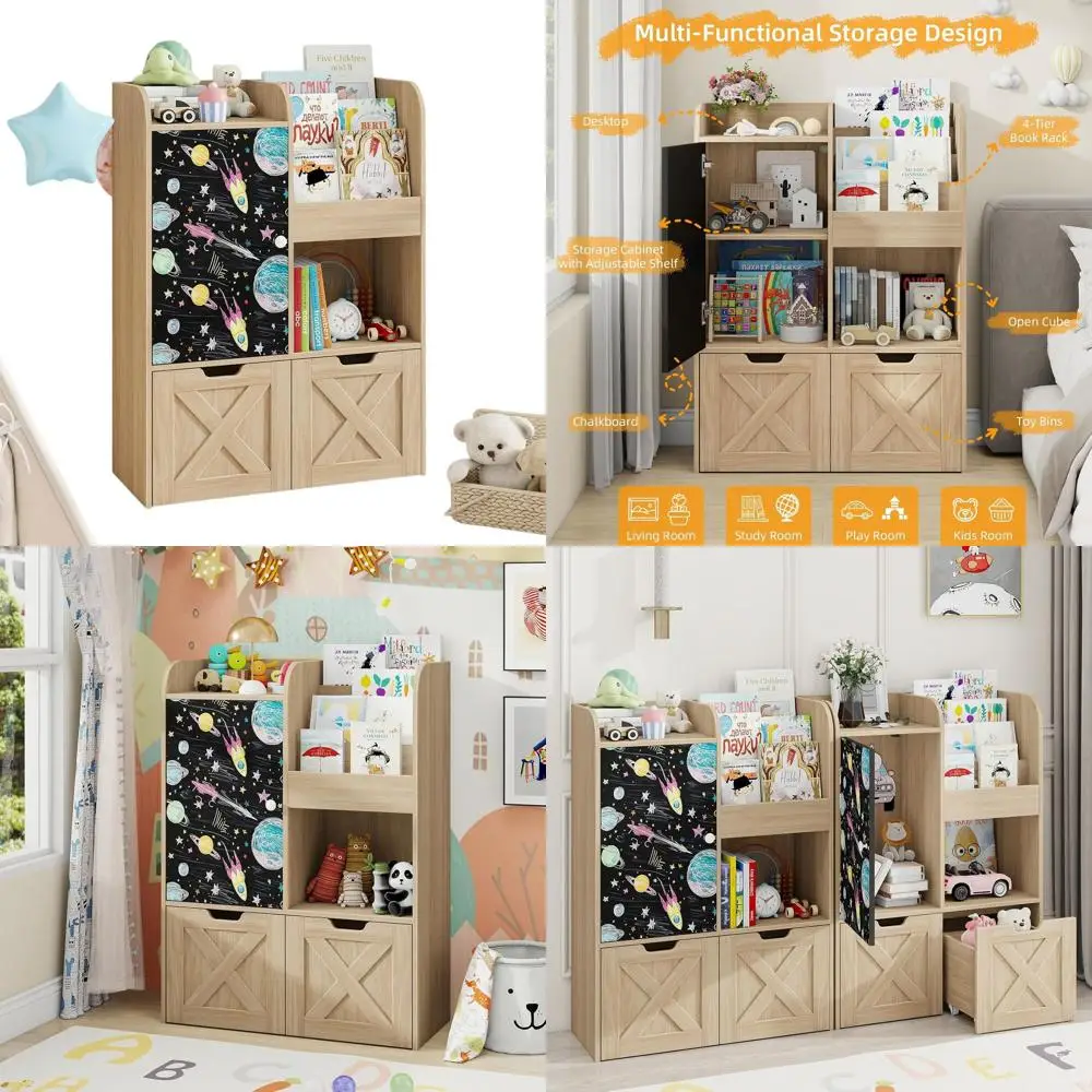 

Многофункциональный деревянный органайзер для игрушек с зоной для чтения, 2 регулируемыми полками и доской для рисования для игровой комнаты или детской комнаты в Оах