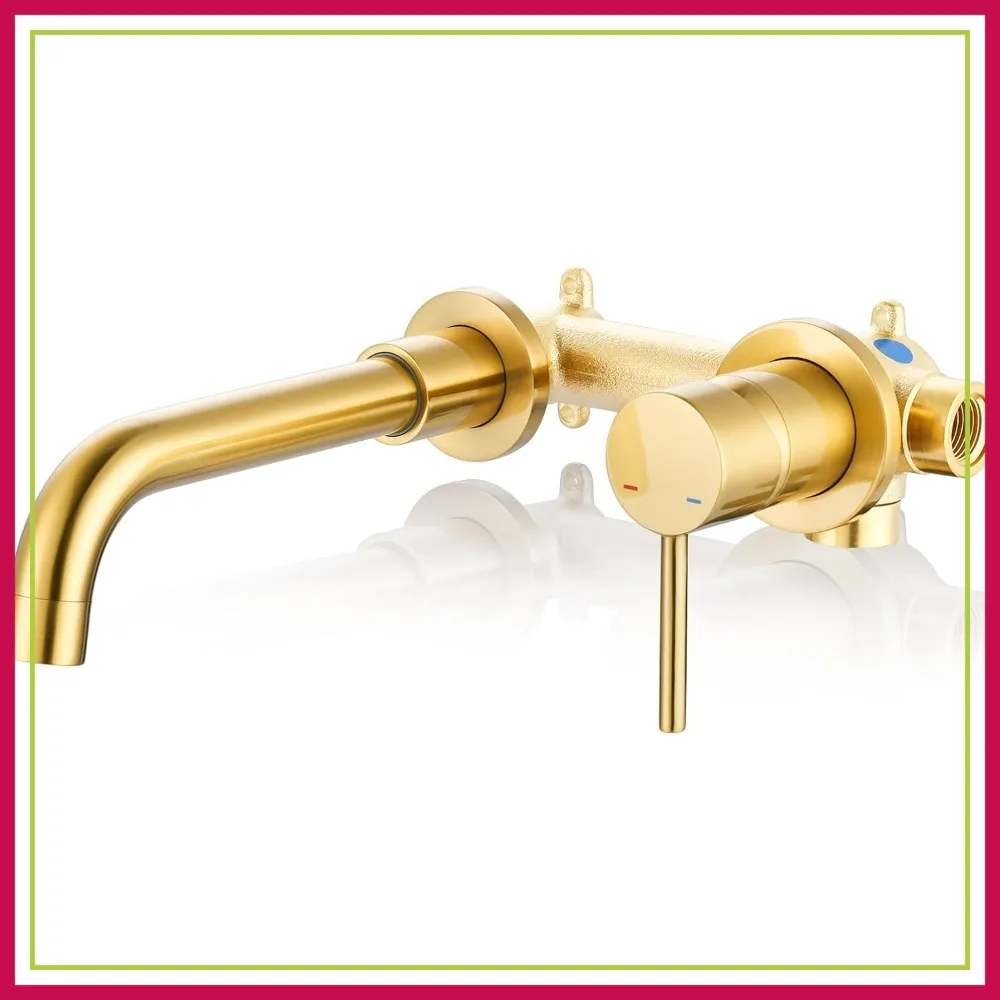 

Wall Mount Bathroom Faucet - Brushed Gold Single Handle Sink Faucet with Swivel Spout and Rough-in Valve