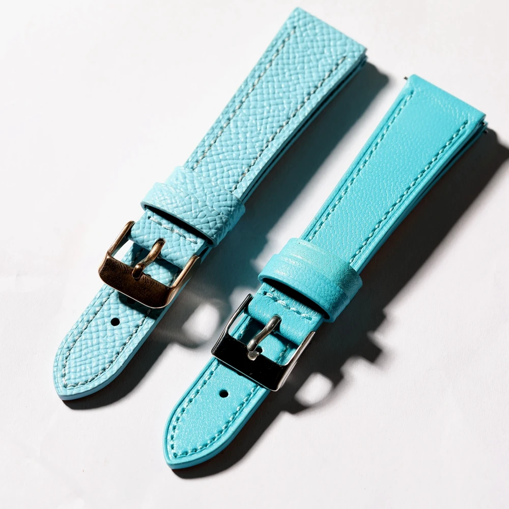 S/M Short Handmade High-End Genuine Leather Watchband, Light Blue 18 19 20 21 22mm Quick Release Soft Genuine Leather Strap