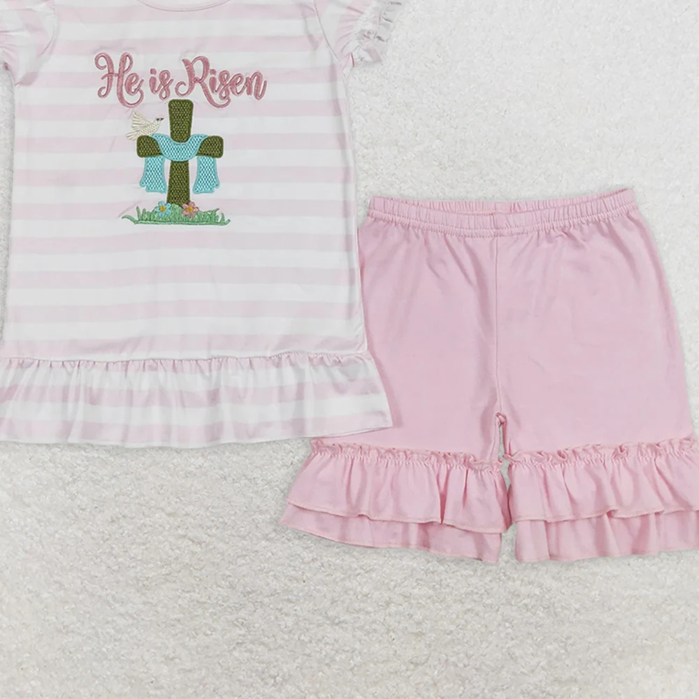 Ensemble chemise et t-shirt de pâques pour bébés filles, avec short à volants à rayures roses, pour le printemps