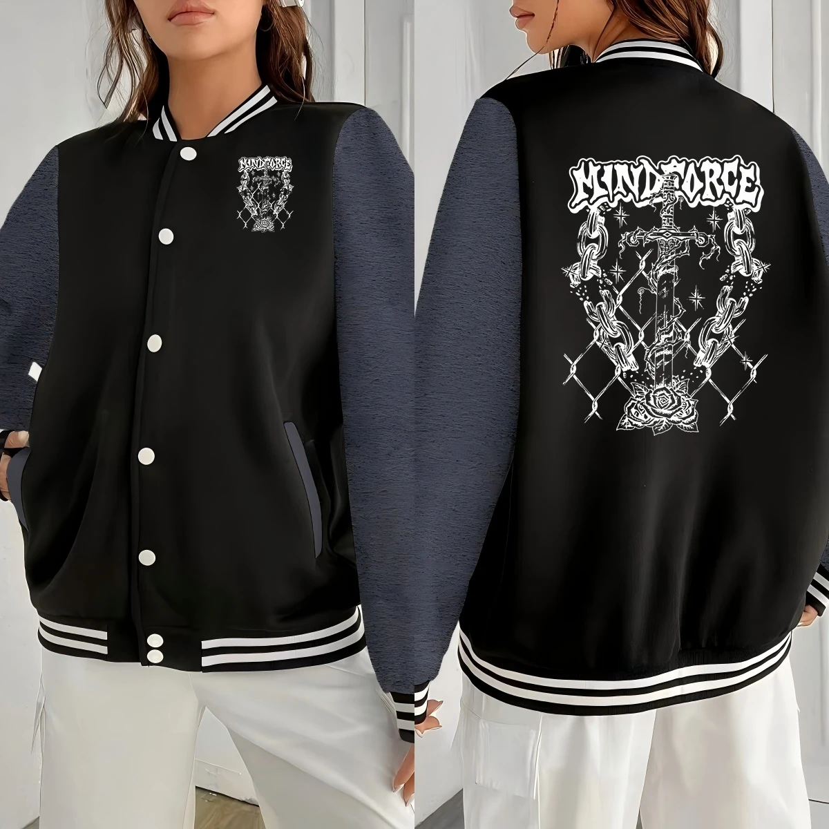 

Sword Rose And Chains Printing Couple Jacket Comfortable Loose Coats Street Casual Jackets Autumn All-Match Women Clothes