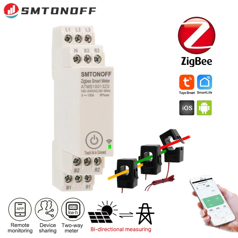 Zigbee Tuya 스마트 에너지 전력 모니터, 외부 전류 변압기, CT 380V, 415V, 50Hz, 60Hz, 3 상 100A