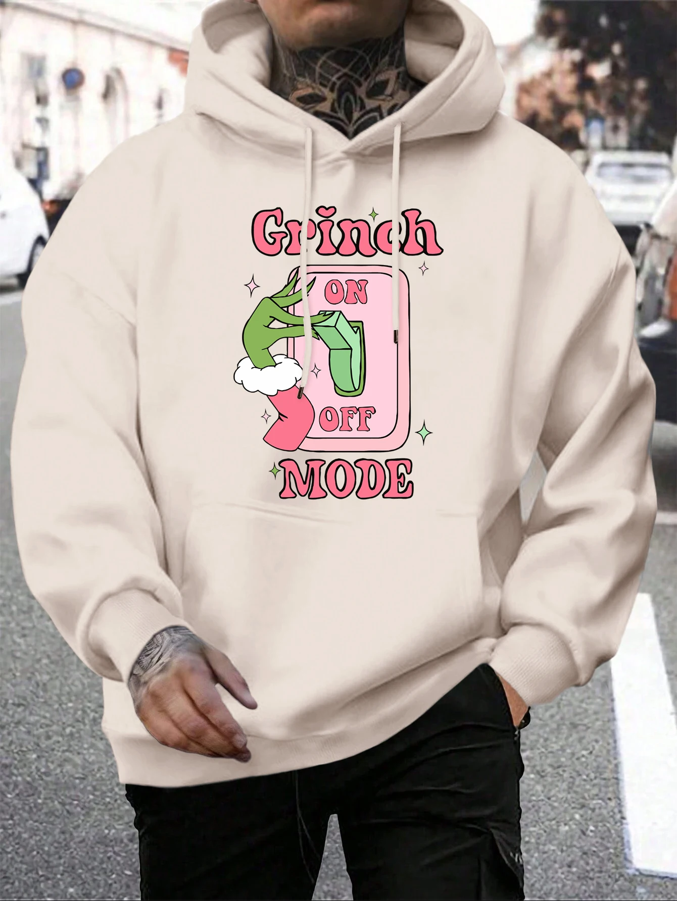 Green Haired Monsters Turn On The Switch Hoodie Man Grinch Mode Letter Hoodies Warm Fleece Fur-Liner Men Hoody Casual Tops