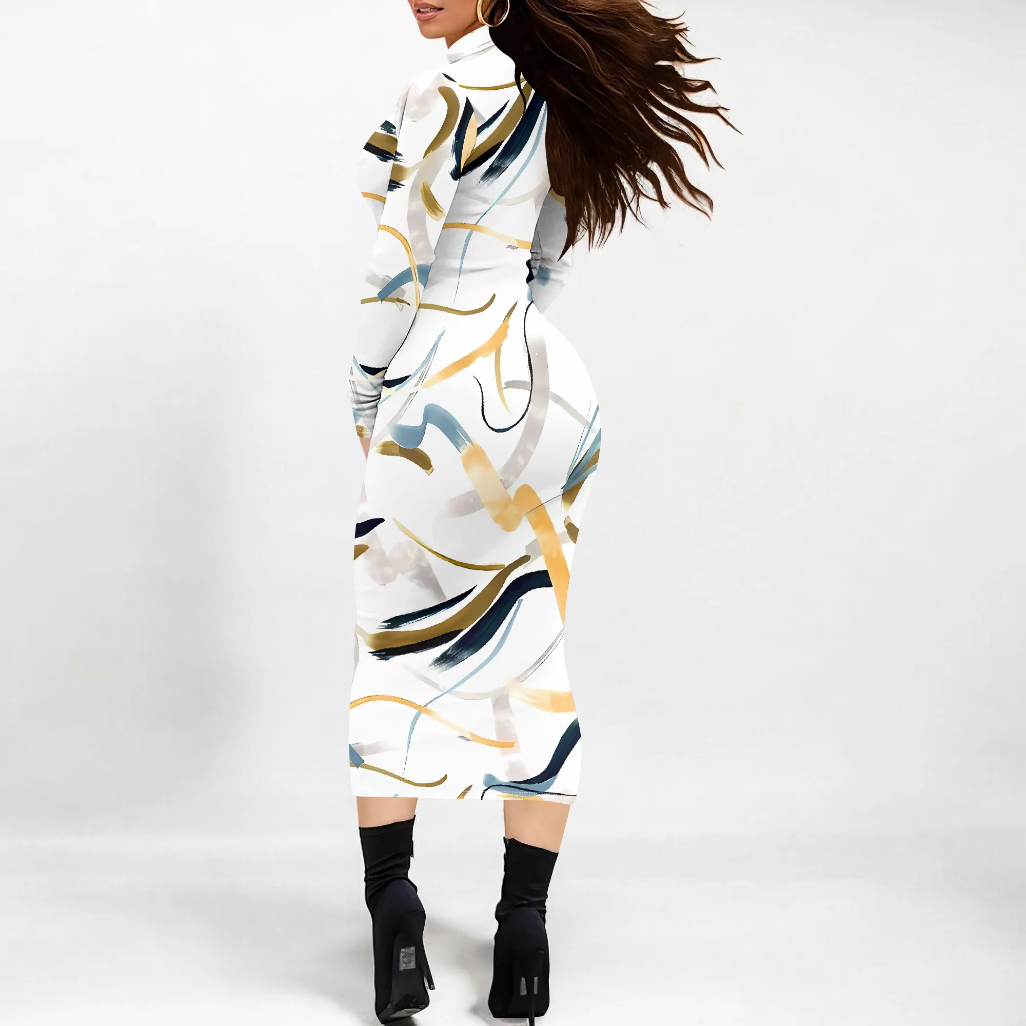 Abstract Brush Stroke Print Bodycon Dress Long Sleeve Modern Chic for Work or Casual Day