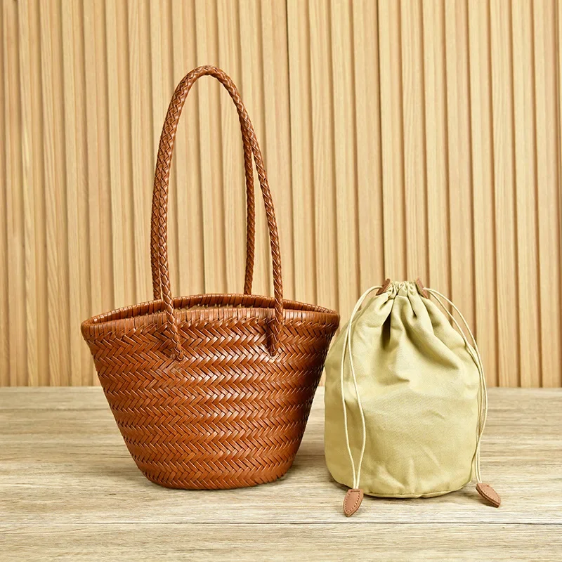 

Top Quality cowhide leather handmade vegetable basket travel beach tote bag vintage genuine leather woven shoulder bag