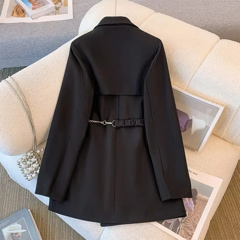 UNXX Women's Autumn/winter Vintage Casual Long Metal Chain Blazer Coats Black Hepburn Style Loose Metal Chain Suit Jackets Women