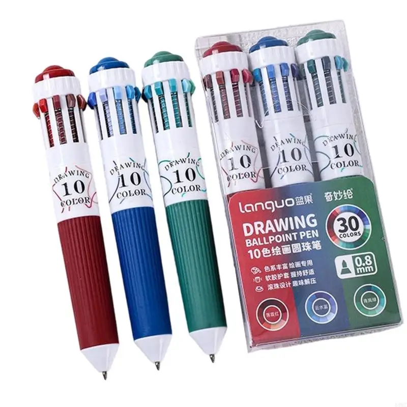 Pack of 3 10 in 1 Colors Retractable Design Ballpoint Pens Multicolor Writing Pens For School Office and Art Projects 896C