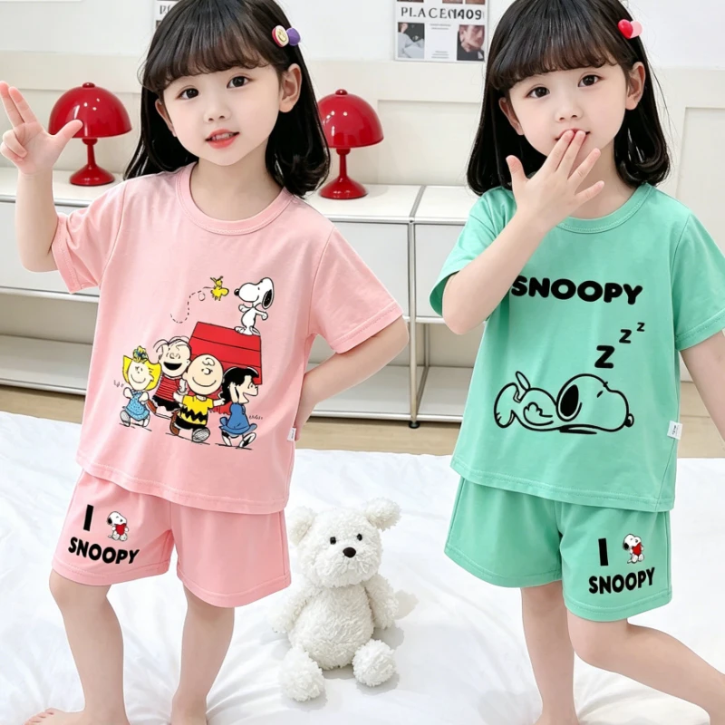 SNOOPYS Children Pyjamas Sets Cartoon Girls Boys Sleepwear Short Sleeved Clothes Kid Pajamas Set Baby Shirt Tops Clothing Gift