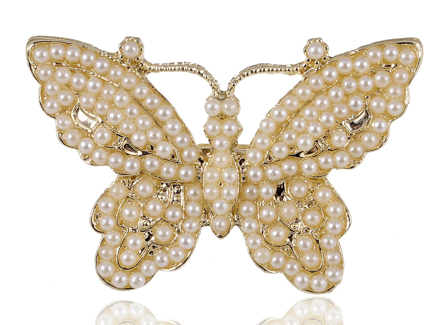 Faux Pearl Beaded Golden Tone Butterfly Spread Beautiful Cute Fashion Sized Ring