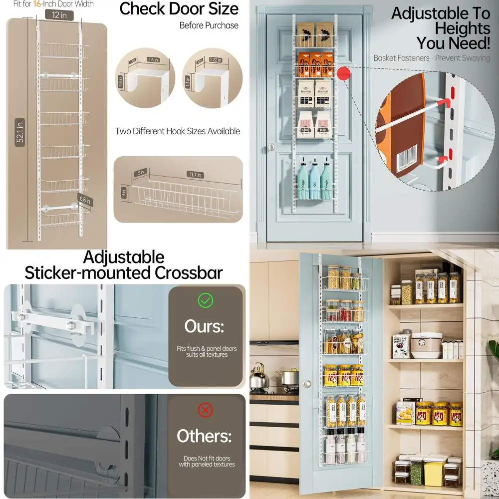 

6-Tier Adjustable Metal Door Rack, White, Compact Kitchen Pantry Organizer, 5.2W x 12D x 52.1H
