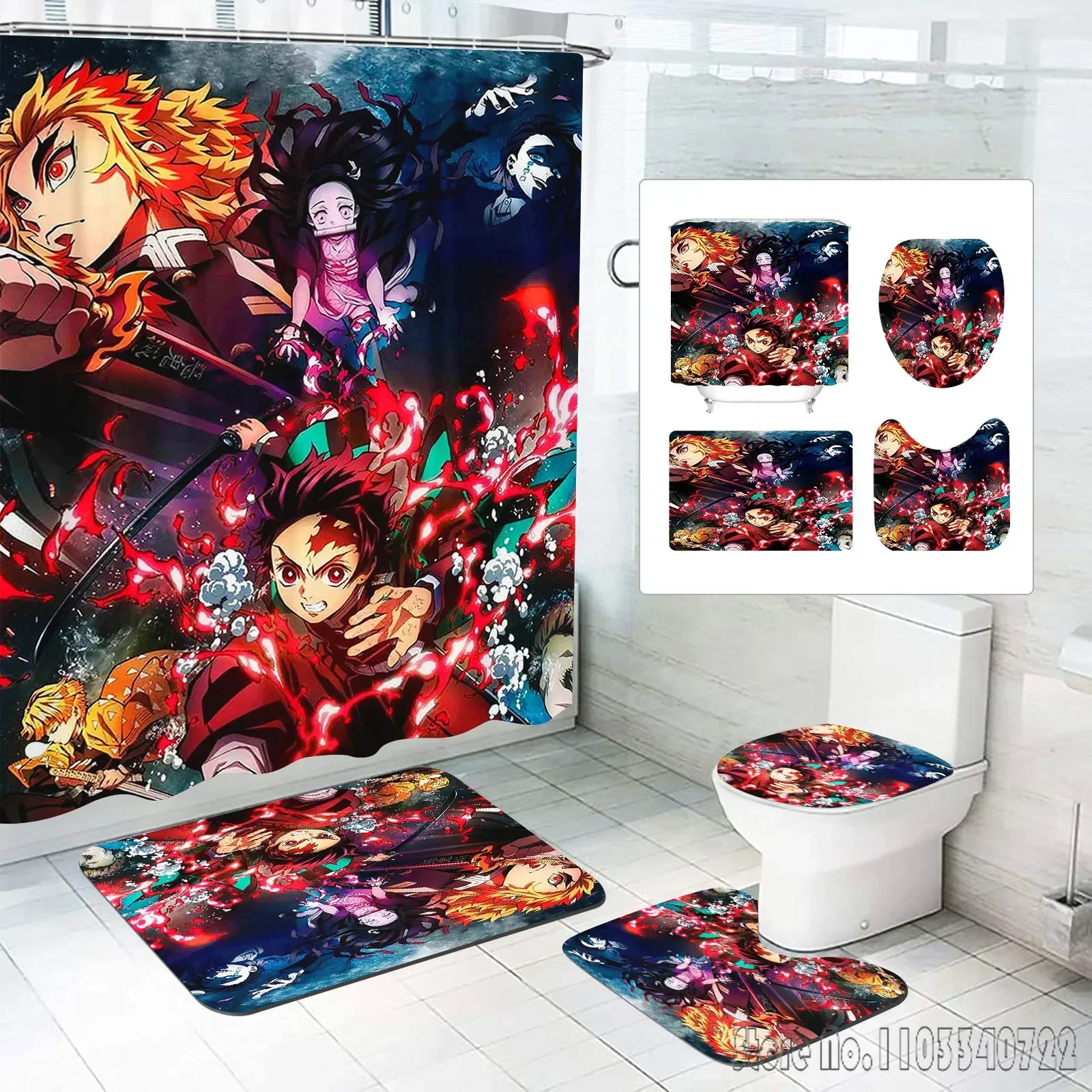 Demon Slayer: Kimetsu No Yaiba Anime Home Bathroom Accessories 4 Piece Set Mats And Shower Curtain  Curtains Sets Luxury