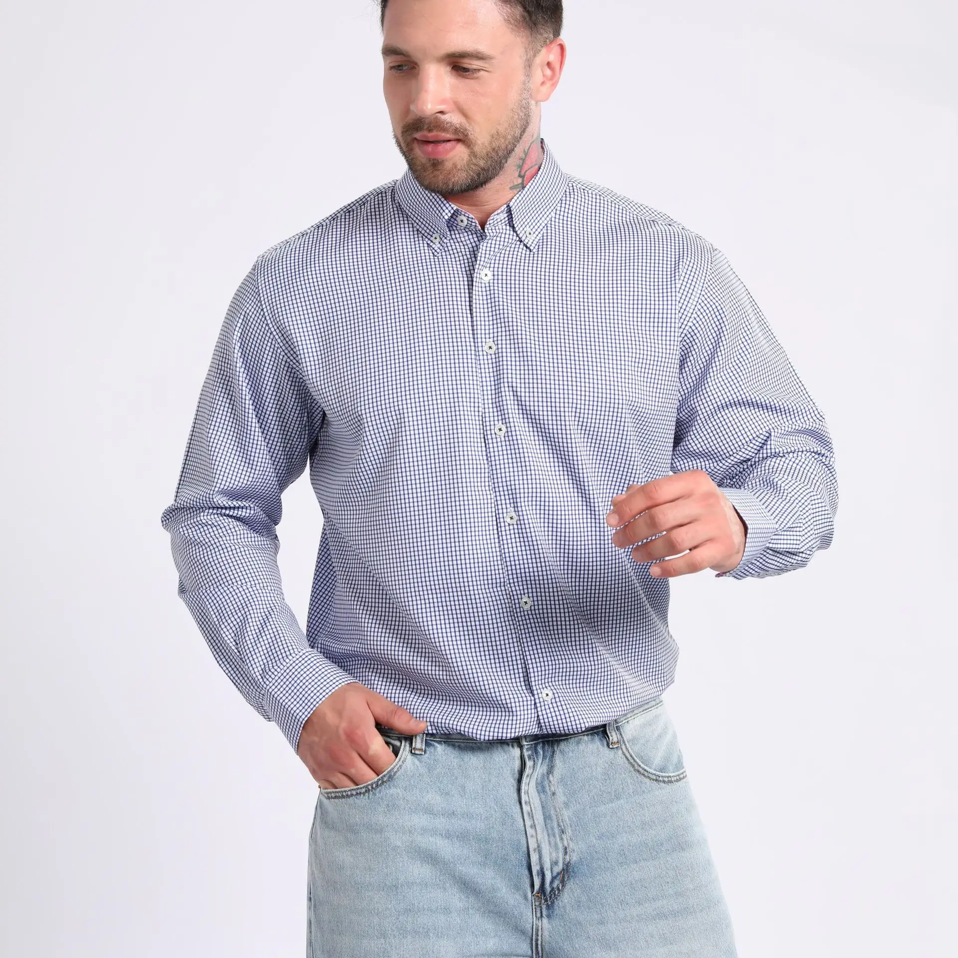 Large-Sized Men's Casual Business Formal Wear Shirt Long Sleeve Digital Printing Check Pattern Stripes New Style for Men