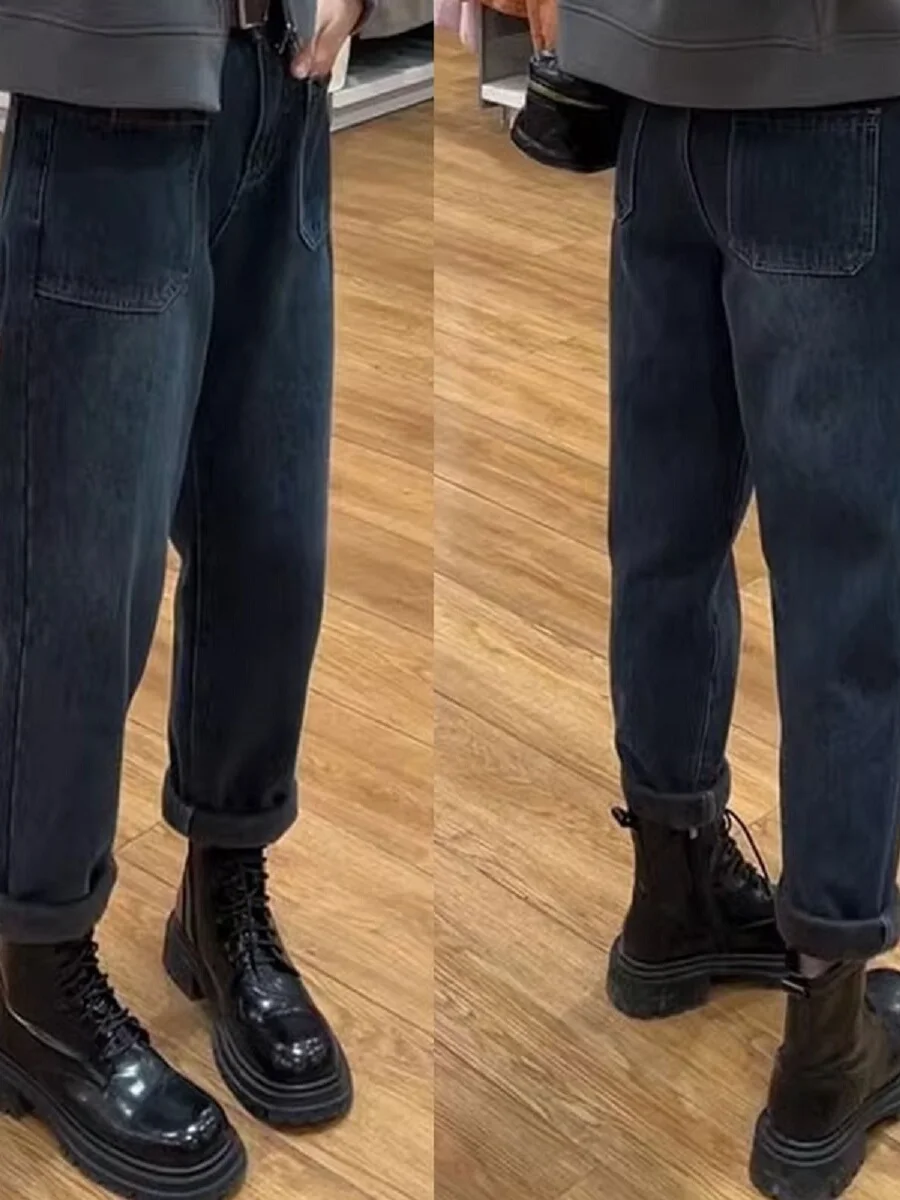 

Джинсы Thi Harlan с высокой талией на подкладке, женские осенне-зимние свободные прямые брюки больших размеров для папы, хлопковые эластичные брюки