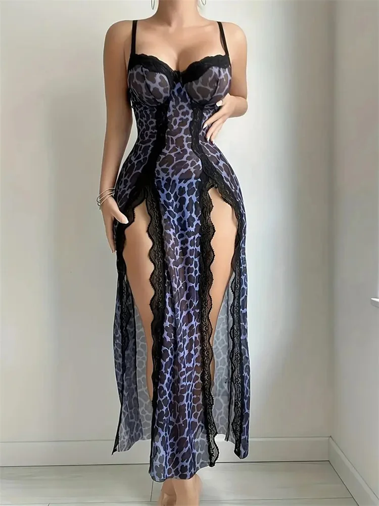 Women's Nightgown Lace Splicing Print Pajamas Dress V-Neck Suspender Nightdress Long Female Night Wear Boudoir Sexy Nightgown