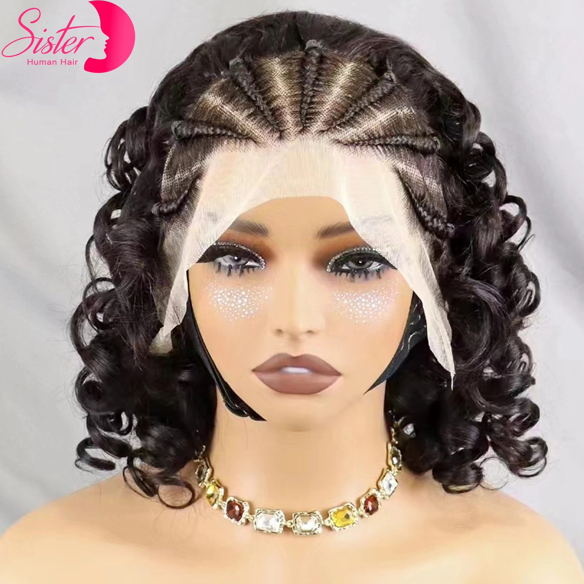 250% Density Loose Fumi Curly Bob Human Hair Wig with Cornrow Braids Natural 13x4 Lace Frontal Bouncy Curly Hair Wigs for Women