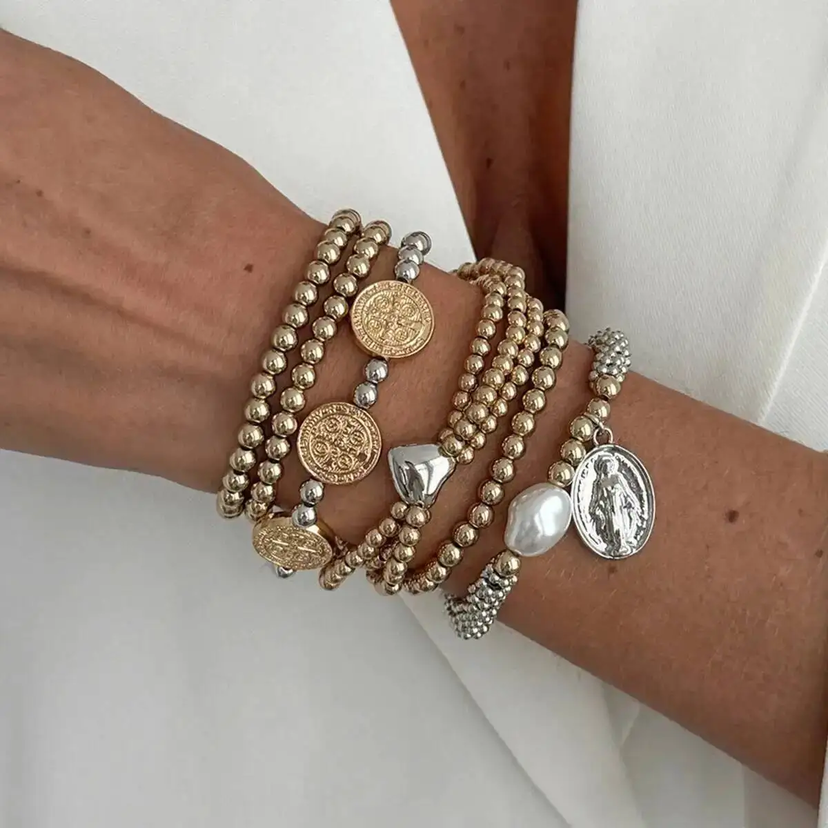 

KunJoe 6Pcs/Set Vintage Gold Color Acrylic Beaded Bracelet Women Fashion Stackable Statue Coins Pendant Bracelet Jewelry Gifts